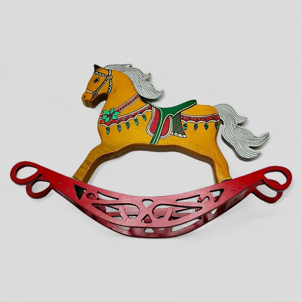 Vtg Christmas Hand Painted Wooden Rocking Horse Toy JAC Holiday Decor Folk Art - Picture 6 of 13